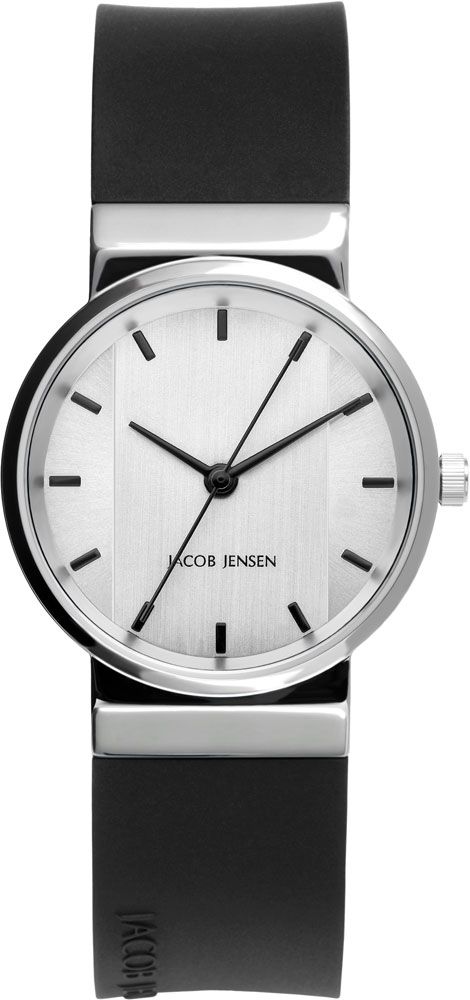 Jacob Jensen New Line 747 horloge met zwarte siliconen band, vooraanzicht