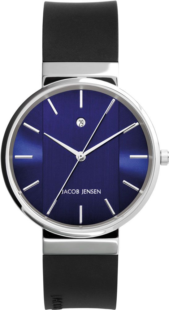 Jacob Jensen New line 739 horloge met blauwe wijzerplaat en zwarte siliconen band, vooraanzicht