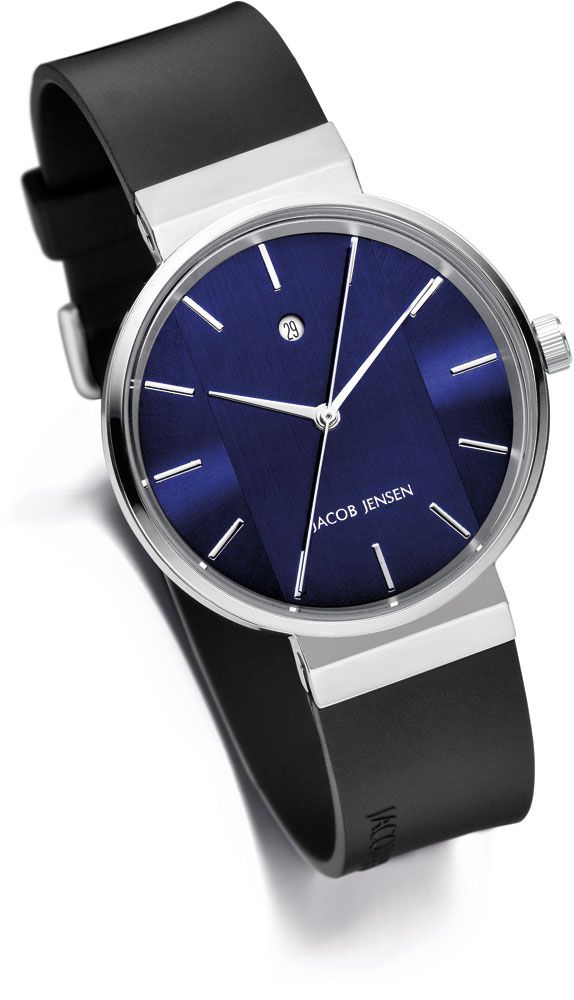 Jacob Jensen New line 739 horloge met zwarte siliconen band, schuine weergave