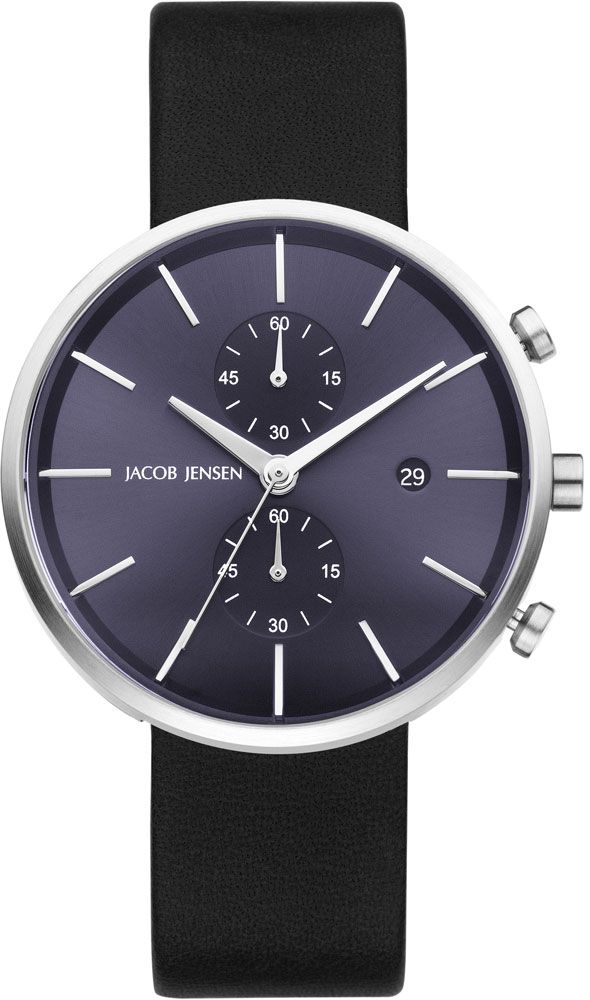 Jacob Jensen Linear Chrono 621 horloge, blauwe wijzerplaat met zwart leren band, vooraanzicht