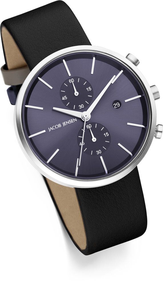 Jacob Jensen Linear Chrono 621 horloge, zijaanzicht met zwart leren band
