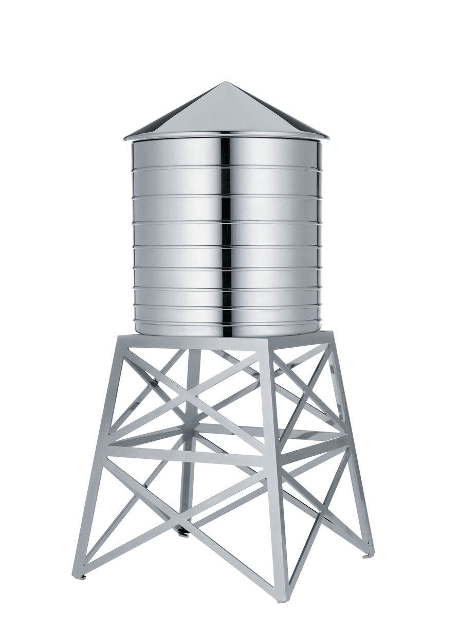 Alessi Water Tower metalen bus in rvs, ontwerp Daniel Libeskind, op frame in torenvorm
