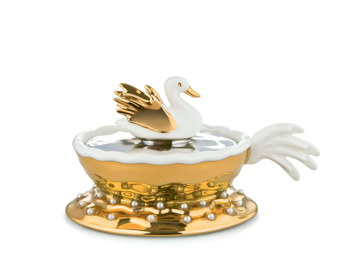 Narciso handspiegel uit de Fleurs de Jori serie, in vogelvorm, goud en wit porselein