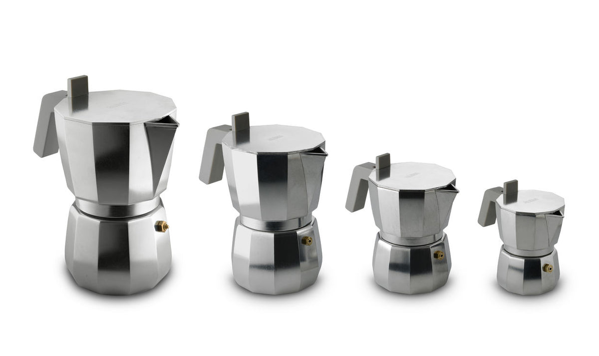 Alessi Moka espresso maker series in various sizes side by side