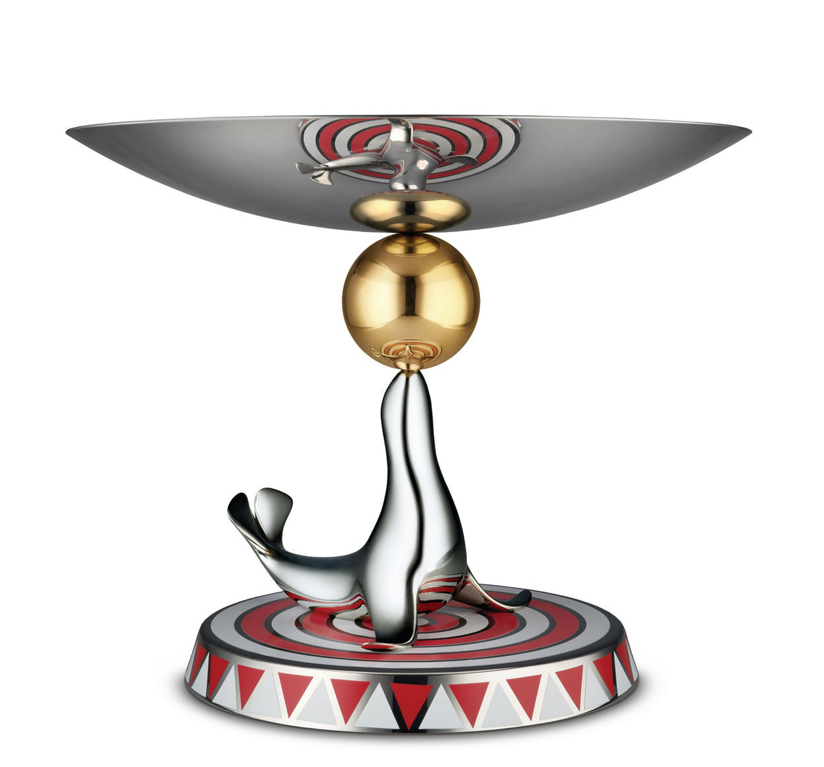 Alessi The Seal circus schaal, zeehond balanceert gouden bal, Marcel Wanders
