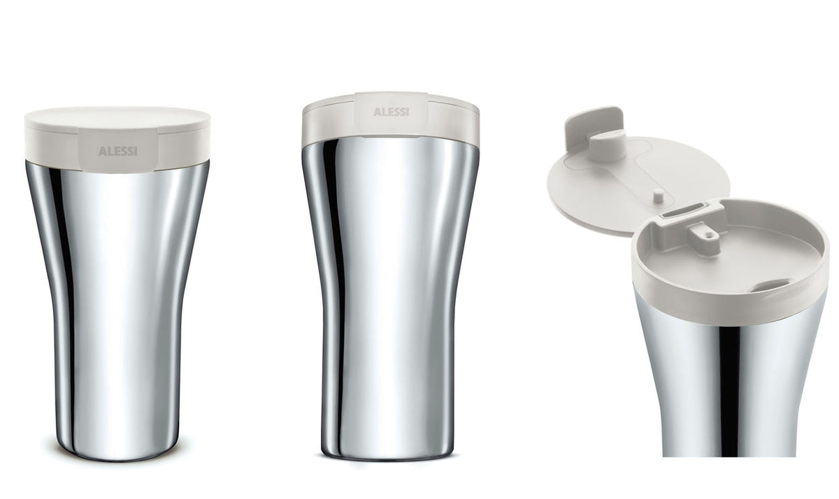 Alessi Caffa drinkbeker met wit deksel, gesloten en geopend getoond