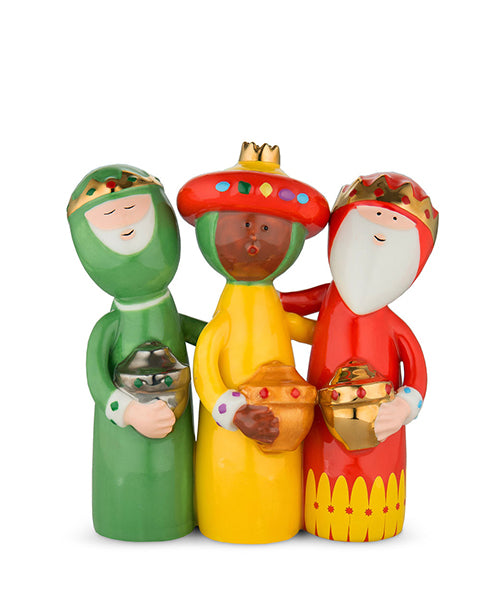 Alessi three kings figurines in green, yellow and red, front view