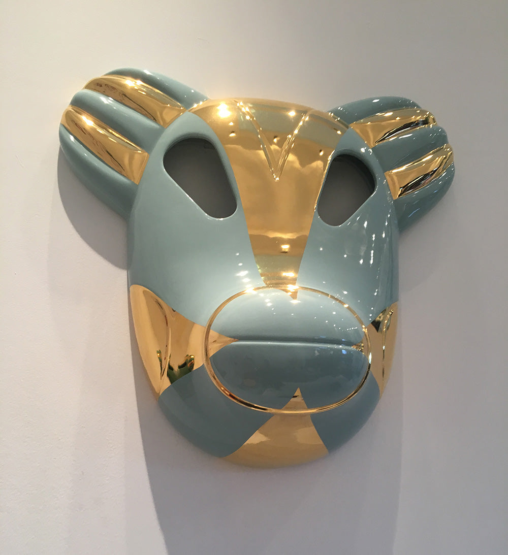 Bosa berenmasker Big Bear-Mask-Hayon van Jaime Hayon, speciale uitvoering, mintgroen met goud, 53 cm hoog