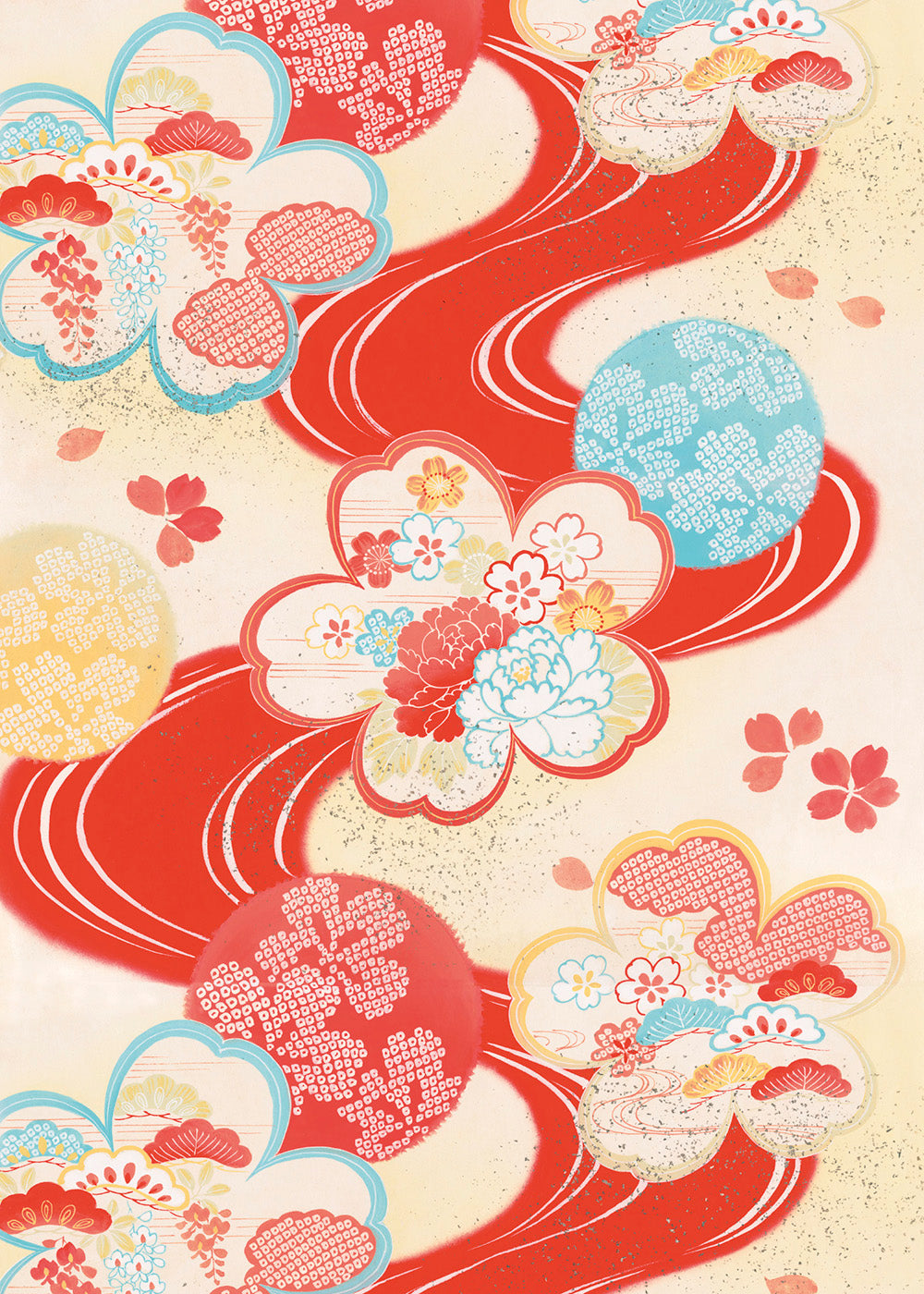 Detail van japans inpakpapier Kimono met rood-blauw bloemmotief