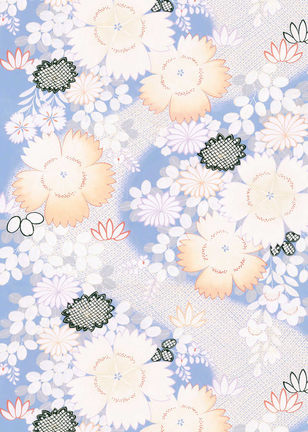 Detail van japans inpakpapier Kimono met blauw-perzik bloemmotief