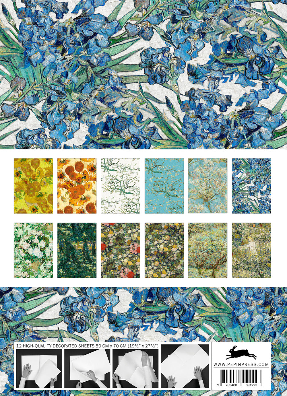 Cadeaupapier Van Gogh, achterkant verpakking met overzicht van 12 prints