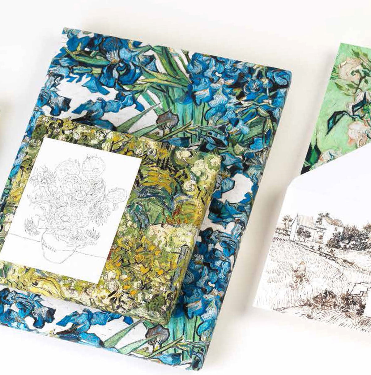 Van Gogh gift wrap with iris print, used as wrapping paper alongside greeting cards