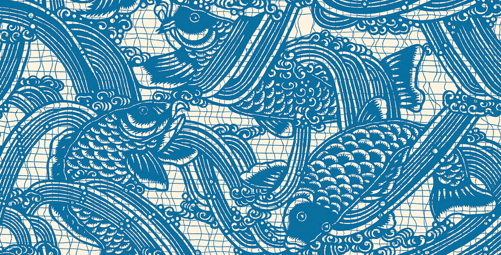 Japanse geschenkpapier met visdessin in blauw