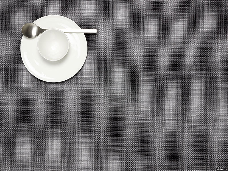Chilewich beautiful placemat in grey, Mini Basketweave, with plate and bowl on top