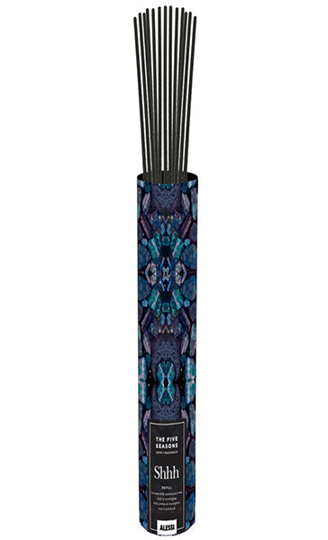 Alessi Shhh wierook stokjes in verpakking met blauw patroon, The Five Seasons