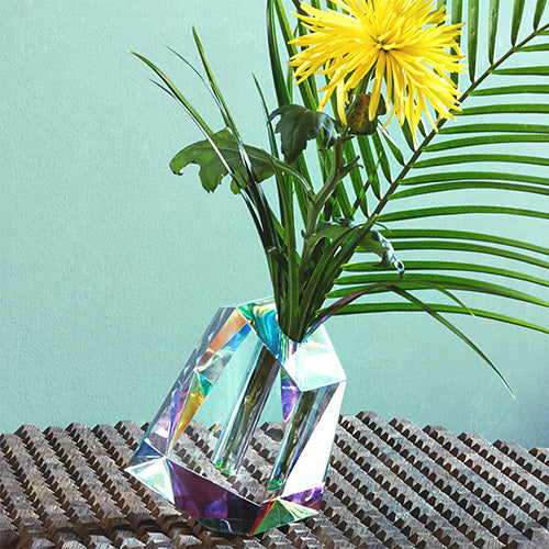Crystal vase Regenbogen by Fundamental with flowers, prism effect visible