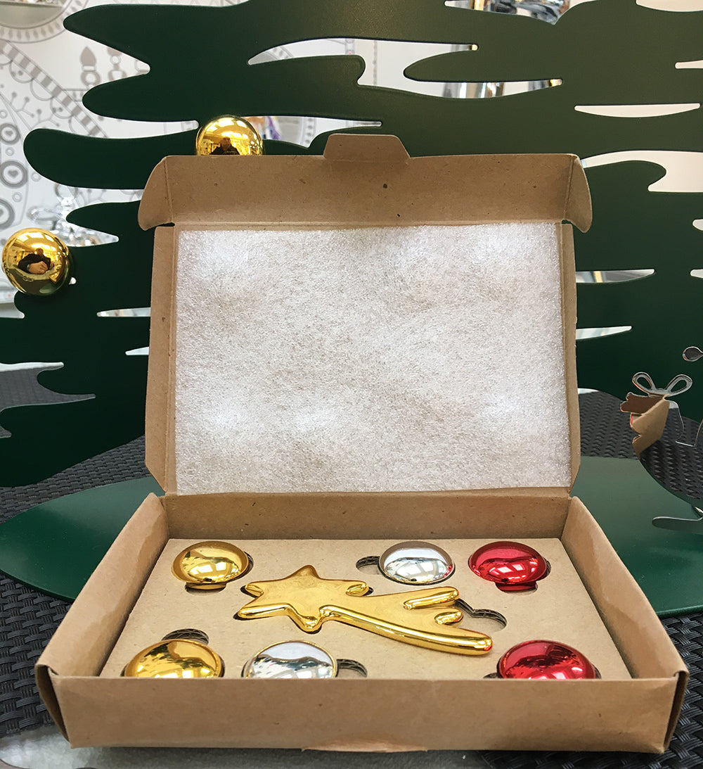 Alessi Bark losse magneetset met rode, ronde en gouden magneetjes en gouden ster, in doosje