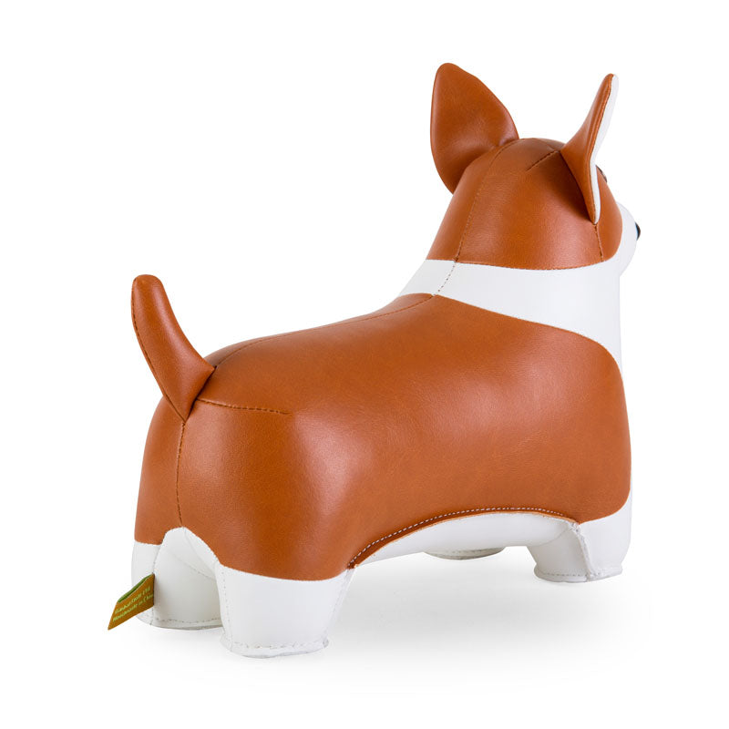Zuny door stop corgi in faux leather, rear view with label