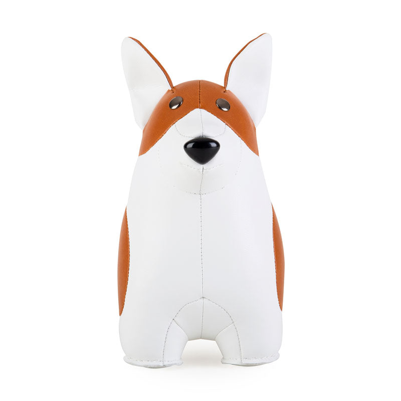 Zuny door stop corgi in faux leather, front view in brown and white