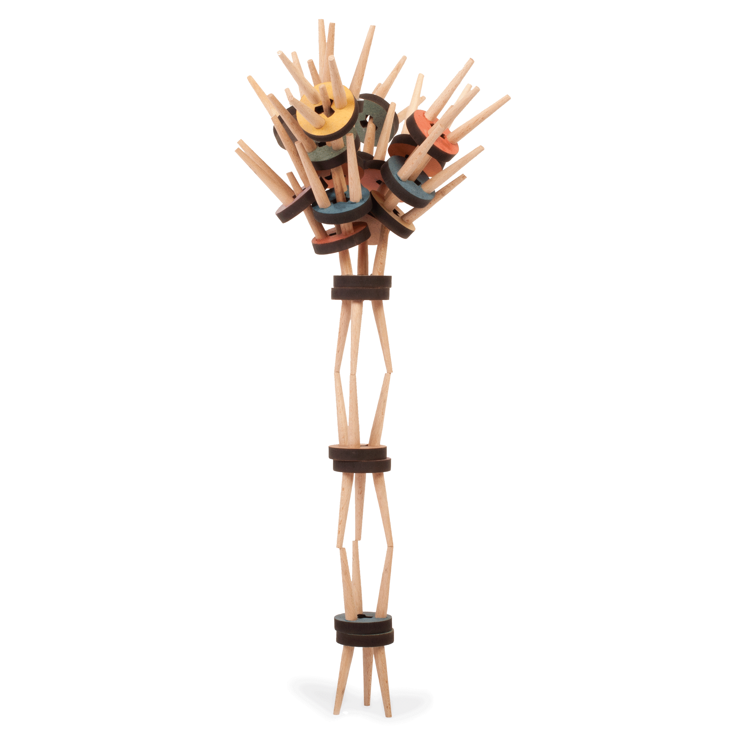 Los Taburetes miniatuur krukjes van hout, torenvormig gebalanceerd