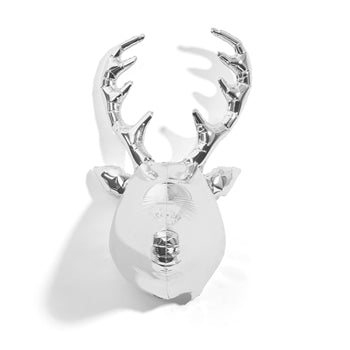 Wandtrofee van hert, opblaasbaar, vooraanzicht in wit en zilver