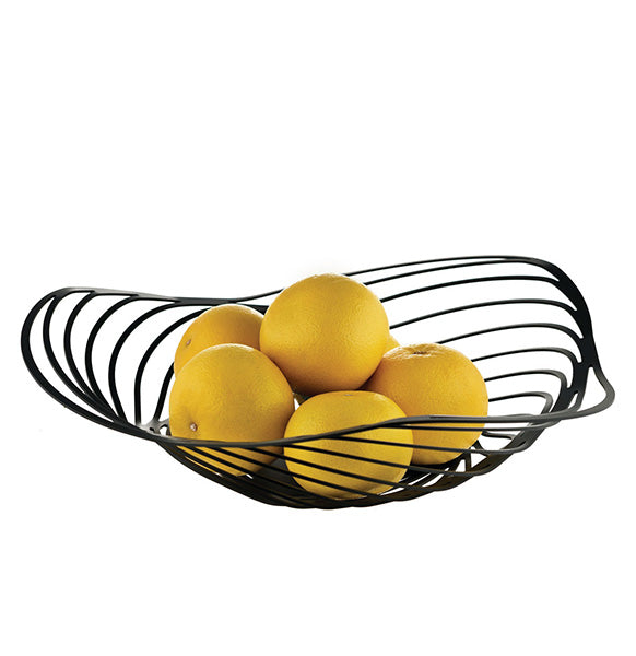 Alessi Trinity fruitschaal, hoge uitvoering in zwart draadmetaal, ontwerp Adam Cornish