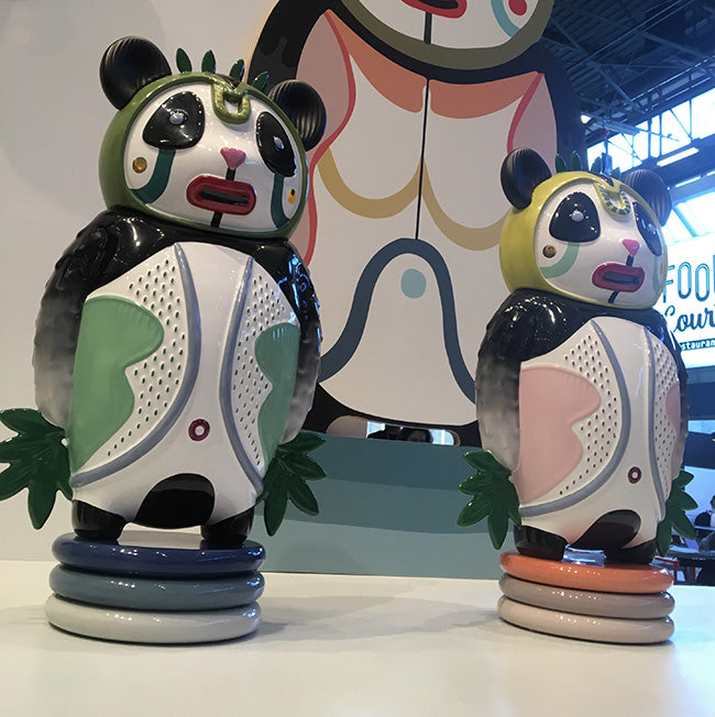 Bosa Bernardo Panda, keramische sculptuur, groene en gele uitvoering samen