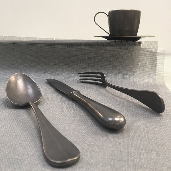 Aoyoshi Baguette coffee cup and saucer in Vintage black, with matching cutlery