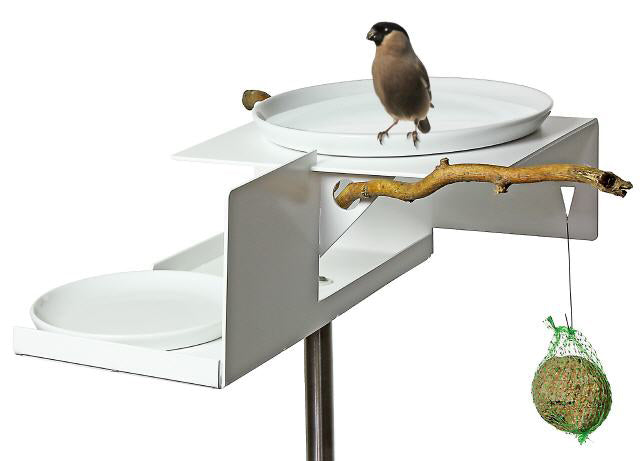 Opossum BirdBath VT-1 bird feeding station on base, with porcelain bowls and branch