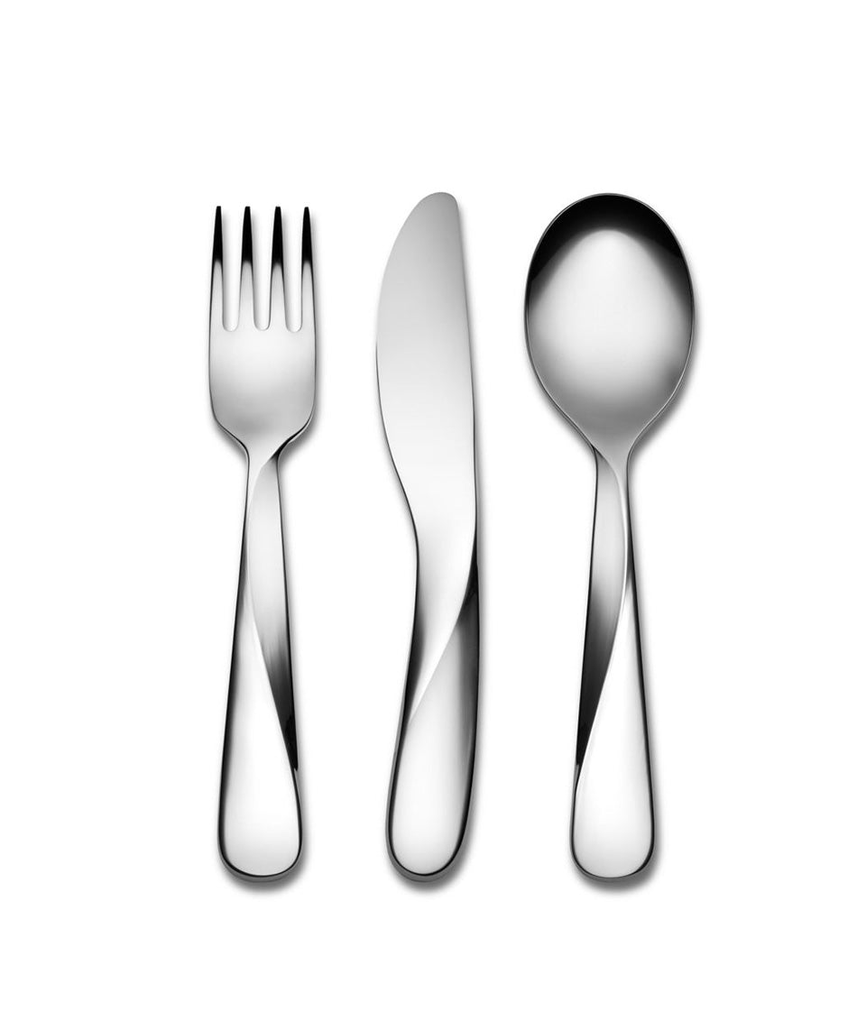 Alessi Giro kinderbestek, vork, mes en lepel rechtop naast elkaar