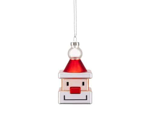 Kerstbal uit de Alessi-serie Santa-Cube, glazen kubus met gezicht, close-up