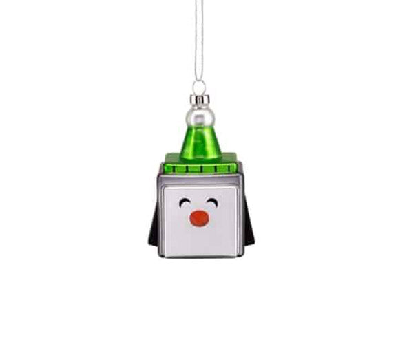 Alessi kerstbal in pinguïnvorm, kubusvormig, groen en zilver, vooraanzicht