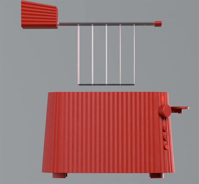 Alessi Plissé toastklem los naast bijpassende broodrooster in rood