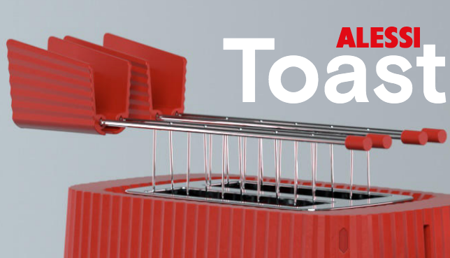 Alessi Plissé toastklemmen geplaatst op broodrooster, detail van rood handvat