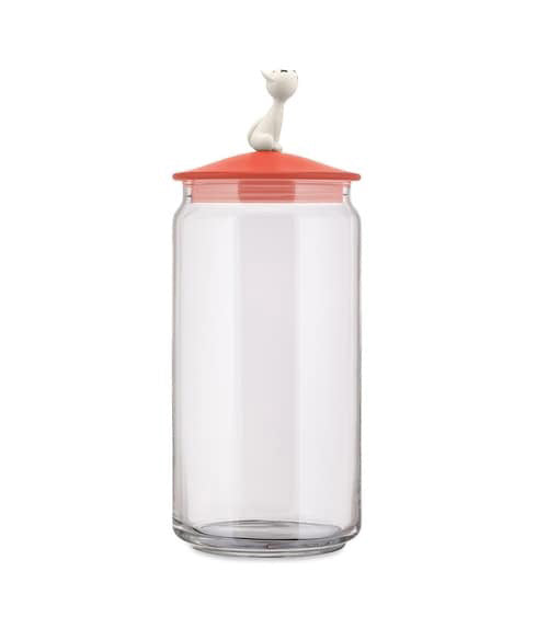 Alessi Mio voorraadbus met kattenfiguur op deksel, rood, glas