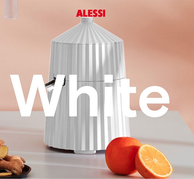 Alessi plissé citruspers, wit, ontwerp Michele De Lucchi, zijaanzicht