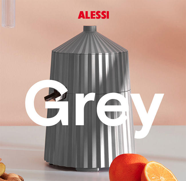 Alessi Plissé elektrische citruspers in grijs, ontwerp Michele De Lucchi