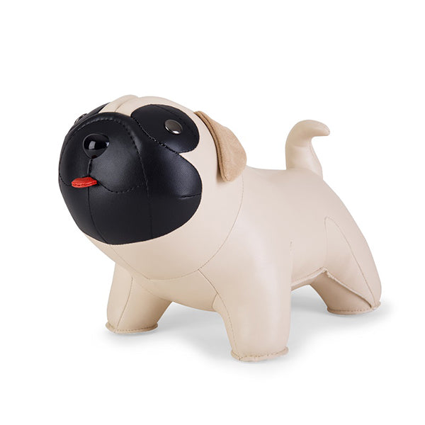 Pug door stop, front view at an angle in beige with black cup