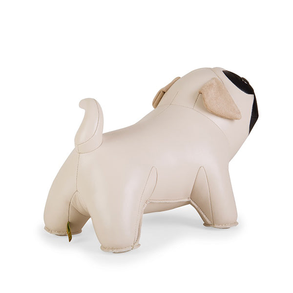 Pug door stop, rear view in beige faux leather