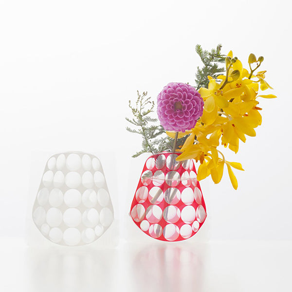 D-Bros vlakke vaas Red-Clear-Balls, lage vaas in transparant en rood, ontwerp Satoru Miyata