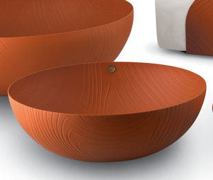 Alessi Veneer fruitschaal, bruine hout-look afwerking, detail zijaanzicht