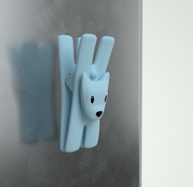 Alessi Giampo magnet clip as dog, light blue, design Miriam Mirri
