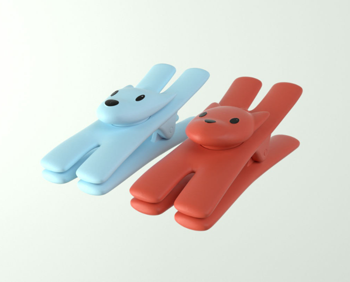 Alessi Lampo and Giampo magnetic clips: cat in red, dog in light blue