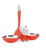 Alessi Tigrito feeding bowl, cat shape, red, with two removable stainless steel bowls