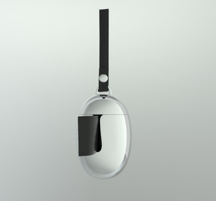 Alessi Acino dispenser voor pet-afvalzakjes in rvs, ovaal, zijaanzicht met riempje