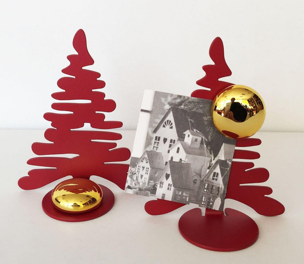 Alessi Mini Bark little trees in red, one with photo holder and gold-coloured knob