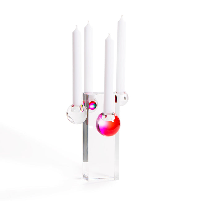 Fundamental Drops Candelabra candle holder, angled view with four white candles