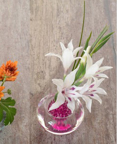 Top view of glass Michi-Kusa vase with pink insert and white flowers