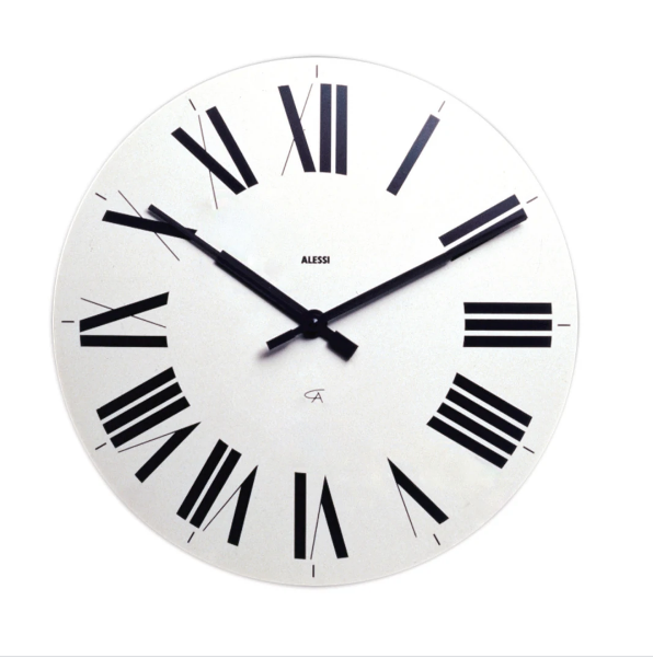 Alessi Firenze wandklok, wit, close-up van de wijzerplaat, Castiglioni