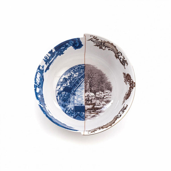 Alessi Hybrid Despina bowl, Beautiful from Seletti series, top view with blue and gold motif side by side